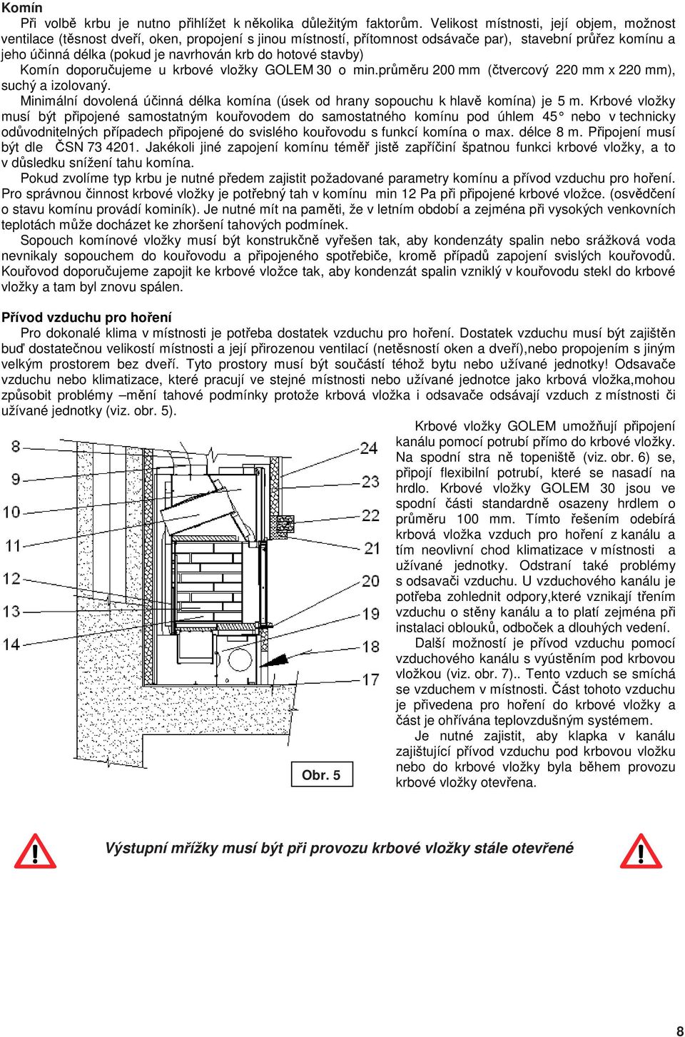 hotové stavby) Komín doporučujeme u krbové vložky GOLEM 30 o min.průměru 200 mm (čtvercový 220 mm x 220 mm), suchý a izolovaný.