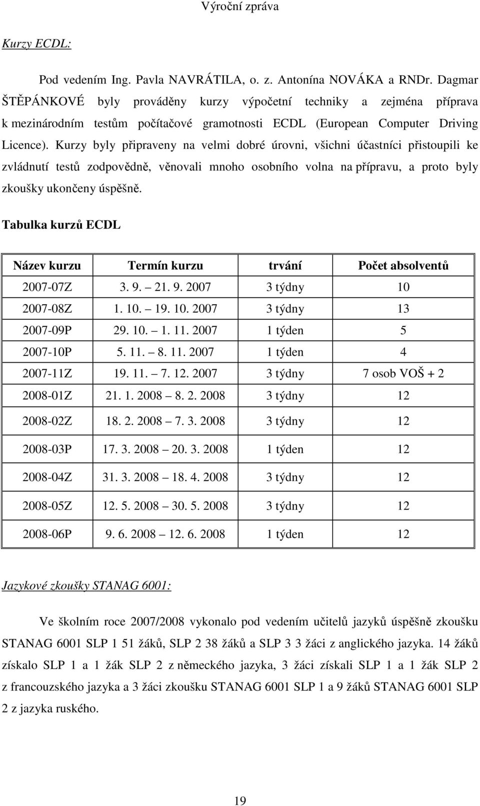 Kurzy byly připraveny na velmi dobré úrovni, všichni účastníci přistoupili ke zvládnutí testů zodpovědně, věnovali mnoho osobního volna na přípravu, a proto byly zkoušky ukončeny úspěšně.