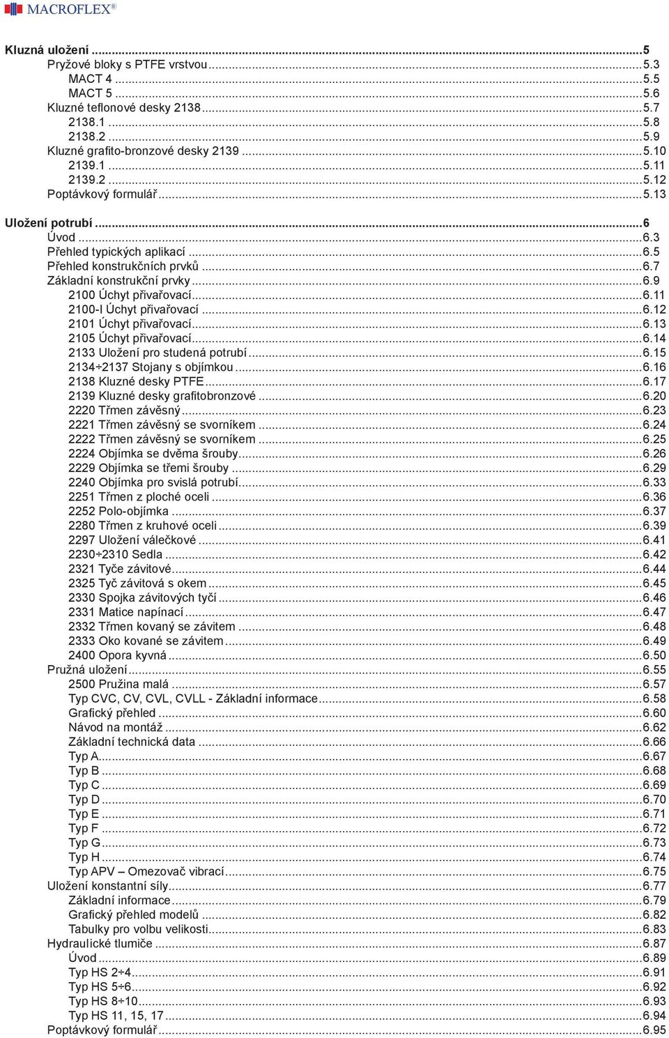 ..6.12 2101 Úchyt přivařovací...6.13 2105 Úchyt přivařovací...6.14 2133 Uložení pro stuená potrubí...6.15 2134 2137 Stojany s objímkou...6.16 2138 Kluzné esky PTFE...6.17 2139 Kluzné esky grafitobronzové.