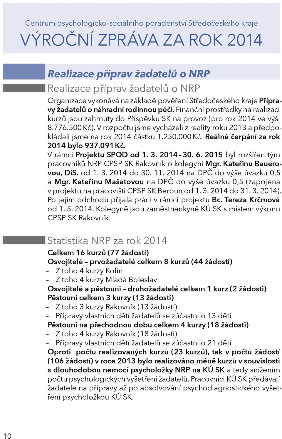 V rozpočtu jsme vycházeli z reality roku 2013 a předpokládali jsme na rok 2014 částku 1.250.000 Kč. Reálné čerpání za rok 2014 bylo 937.091 Kč. V rámci Projektu SPOD od 1. 3. 2014 30. 6.