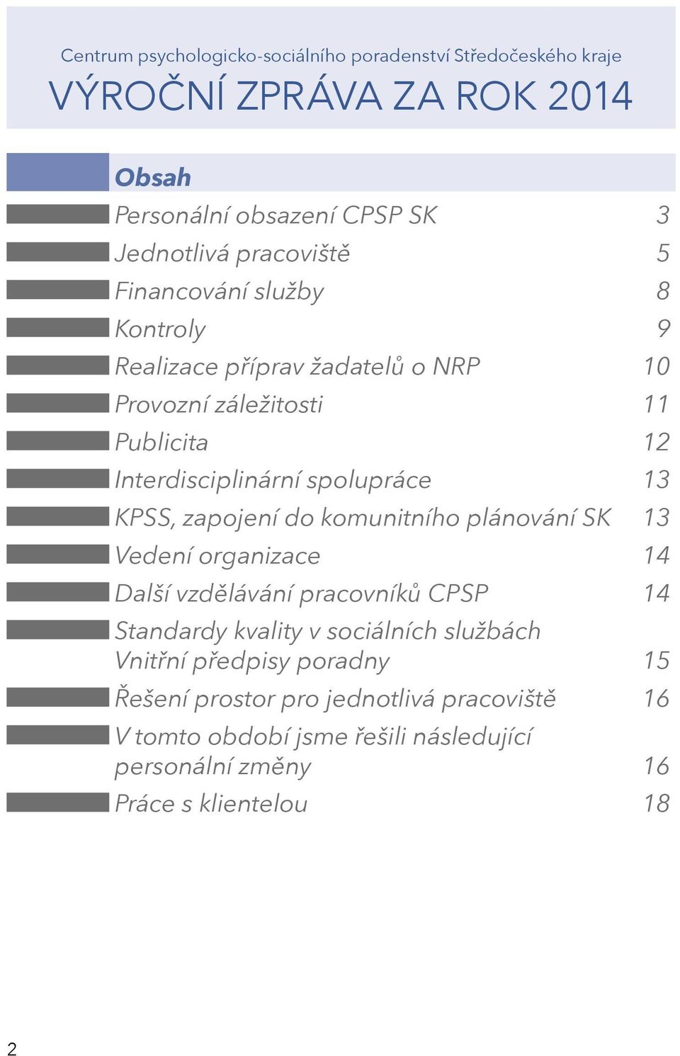 Vedení organizace 14 Další vzdělávání pracovníků CPSP 14 Standardy kvality v sociálních službách Vnitřní předpisy poradny