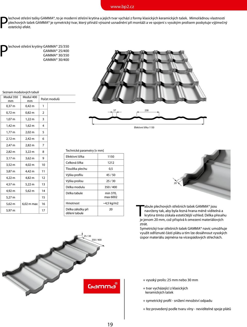 Plechové střešní krytiny GAMMA 25/350 GAMMA 25/400 GAMMA 30/350 GAMMA 30/400 Seznam modulových tabulí Modul 350 mm Modul 400 mm 0,37 m 0,42 m 1 0,72 m 0,82 m 2 Počet modulů 37 230 1,07 m 1,22 m 3