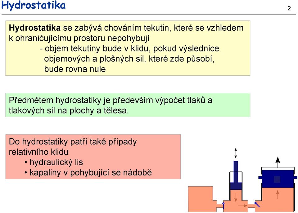 působí, bude rovna nule Předmětem hydrostatiky je především výpočet tlaků a tlakových sil na plochy a