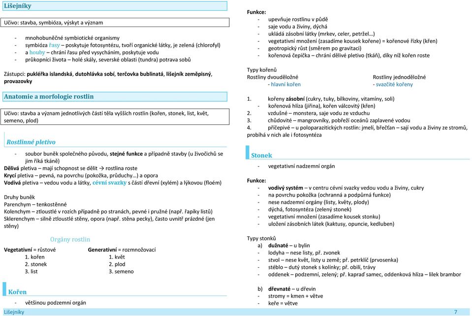 Anatomie a morfologie rostlin Učivo: stavba a význam jednotlivých částí těla vyšších rostlin (kořen, stonek, list, květ, semeno, plod) Rostlinné pletivo - soubor buněk společného původu, stejné