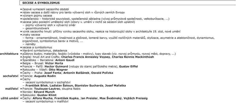 umění v nichž se secesní sloh uplatnil) pojmy výtvarný sloh x výtvarný směr gesamtkunstwerk vznik secesního hnutí: příčiny vzniku secesního slohu, reakce na historizující slohy v architektuře 19.