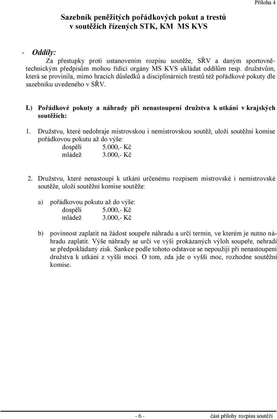 ) Pořádkové pokuty a náhrady při nenastoupení družstva k utkání v krajských soutěžích: 1.