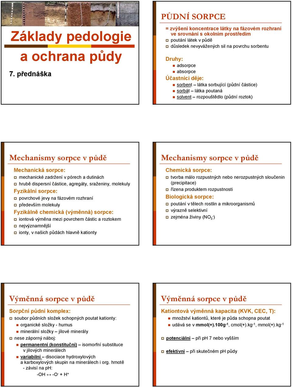 Účastníci děje: sorbent látka sorbující (půdní částice) sorbát látka poutaná solvent rozpouštědlo (půdní roztok) Mechanismy sorpce v půdě Mechanická sorpce: mechanické zadržení v pórech a dutinách