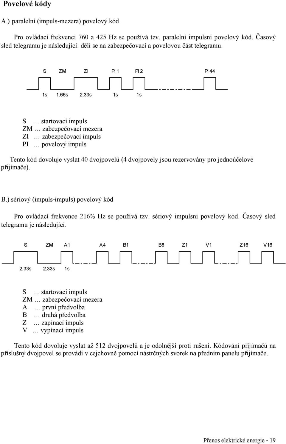 66s,33s 1s 1s S startovací impuls ZM zabezpečovací mezera ZI zabezpečovací impuls PI povelový impuls Tento kód dovoluje vyslat 40 dvojpovelů (4 dvojpovely jsou rezervovány pro jednoúčelové přijímače).