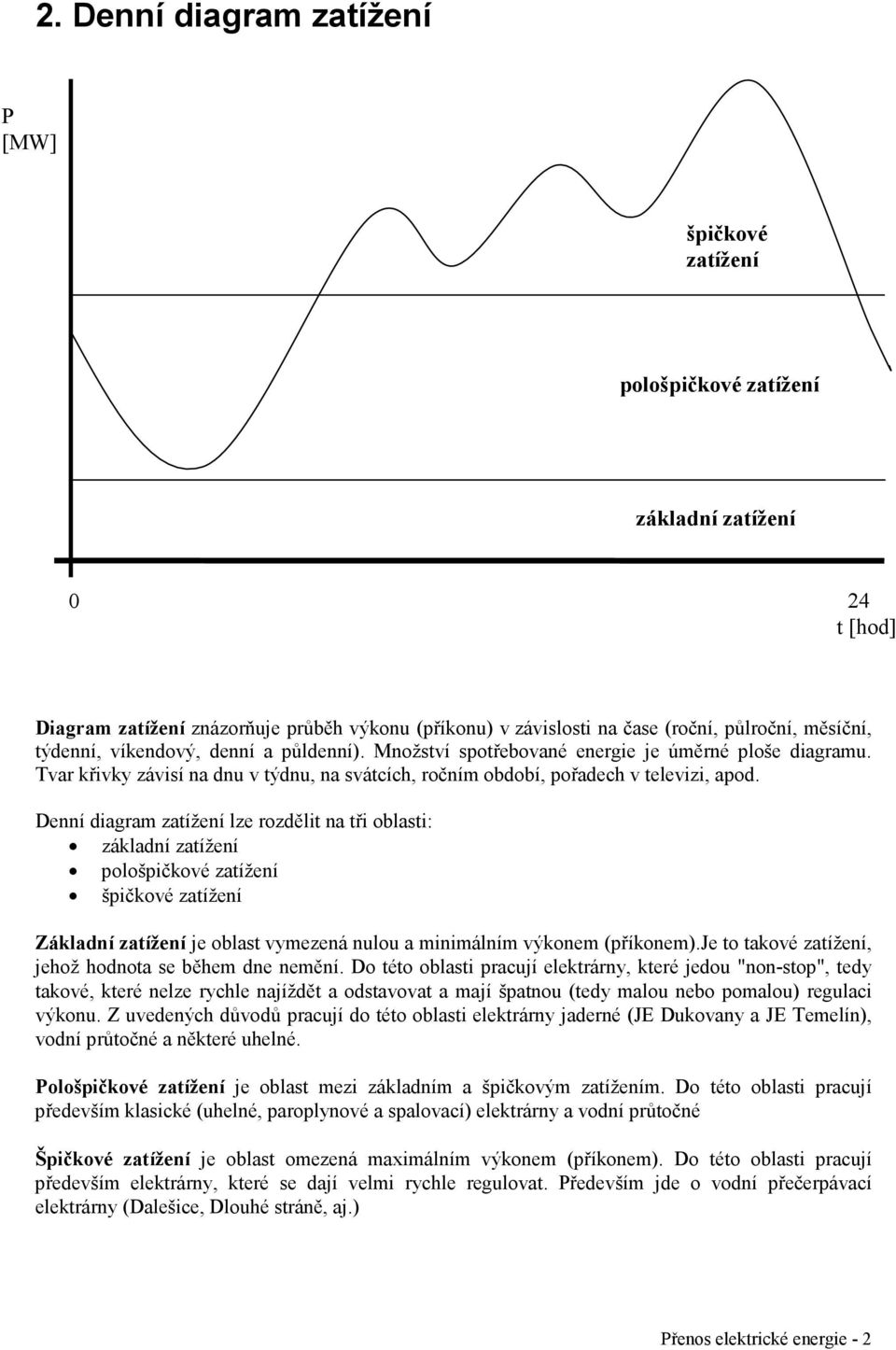 Denní diagram zatížení lze rozdělit na tři oblasti: základní zatížení pološpičkové zatížení špičkové zatížení Základní zatížení je oblast vymezená nulou a minimálním výkonem (příkonem).