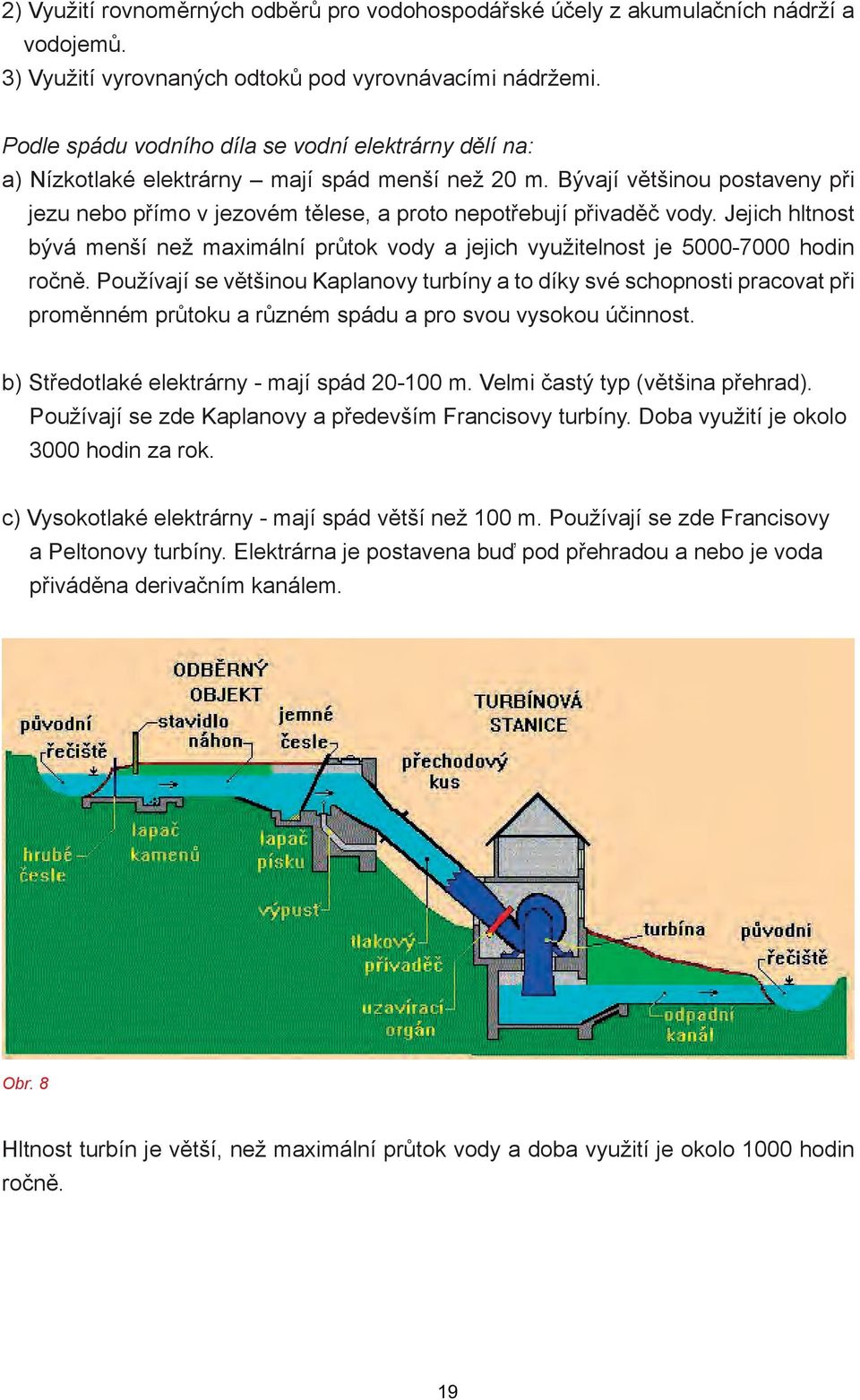 Bývají většinou postaveny při jezu nebo přímo v jezovém tělese, a proto nepotřebují přivaděč vody. Jejich hltnost bývá menší než maximální průtok vody a jejich využitelnost je 5000-7000 hodin ročně.