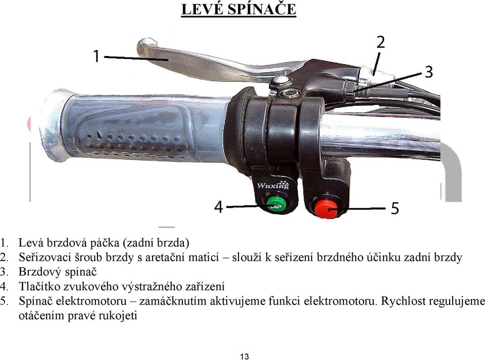 zadní brzdy 3. Brzdový spínač 4. Tlačítko zvukového výstražného zařízení 5.