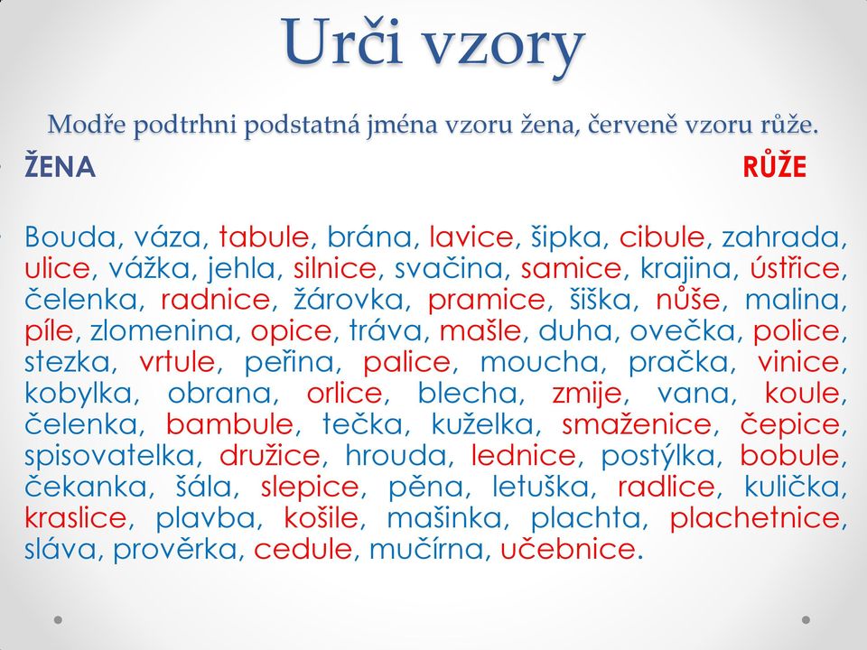 šiška, nůše, malina, píle, zlomenina, opice, tráva, mašle, duha, ovečka, police, stezka, vrtule, peřina, palice, moucha, pračka, vinice, kobylka, obrana, orlice, blecha,