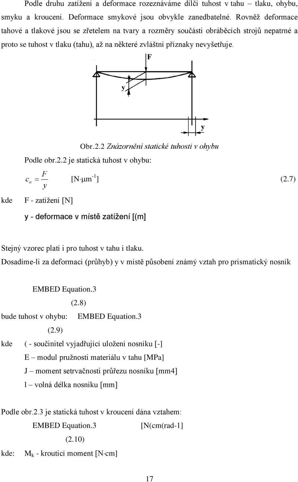 2 Znázornění statické tuhosti v ohybu Podle obr.2.2 je statická tuhost v ohybu: F c o [N m -1 ] (2.