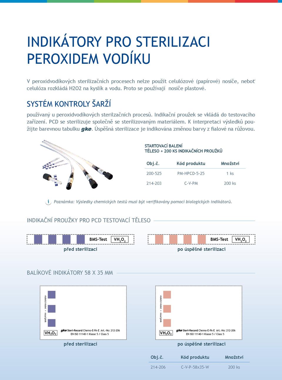 PCD se sterilizuje společně se sterilizovaným materiálem. K interpretaci výsledků použijte barevnou tabulku gke. Úspěšná sterilizace je indikována změnou barvy z fialové na růžovou.