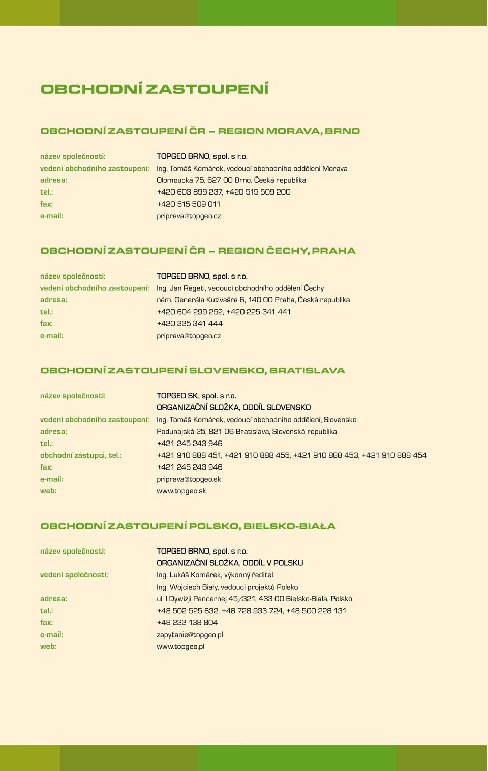 cz OBCHODNÍ ZASTOUPENÍ ČR REGION ČECHY, PRAHA název společnosti: TOPGEO BRNO, spol. s r.o. vedení obchodního zastoupení: Ing. Jan Regeti, vedoucí obchodního oddělení Čechy adresa: nám.