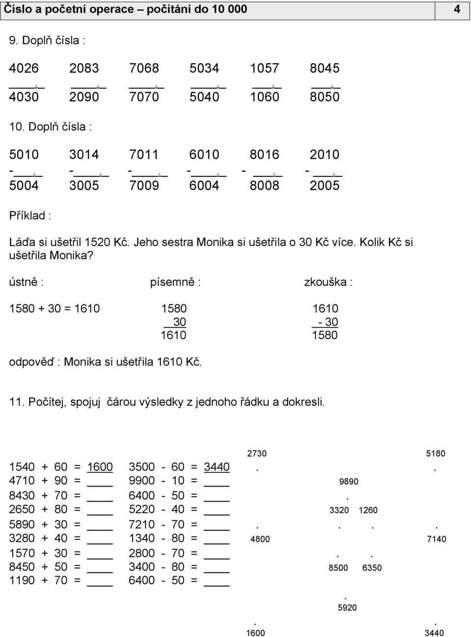 ústně : písemně : 1580 30 1610 zkouška : 1580 30 1610 1610-30 1580 odpověď : Monika si ušetřila 1610 Kč. 11. Počítej, spojuj čárou výsledky z jednoho řádku a dokresli.