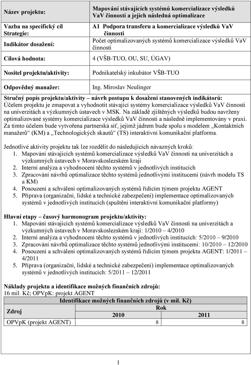 Miroslav Neulinger Účelem projektu je zmapovat a vyhodnotit stávající systémy komercializace výsledků VaV činnosti na univerzitách a výzkumných ústavech v MSK.