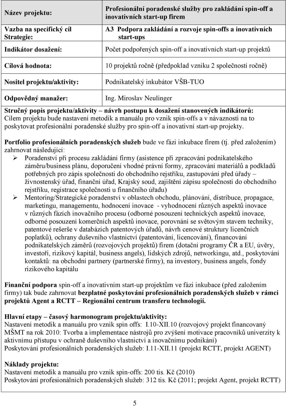 Miroslav Neulinger Cílem projektu bude nastavení metodik a manuálu pro vznik spin-offs a v návaznosti na to poskytovat profesionální poradenské sluţby pro spin-off a inovativní start-up projekty.