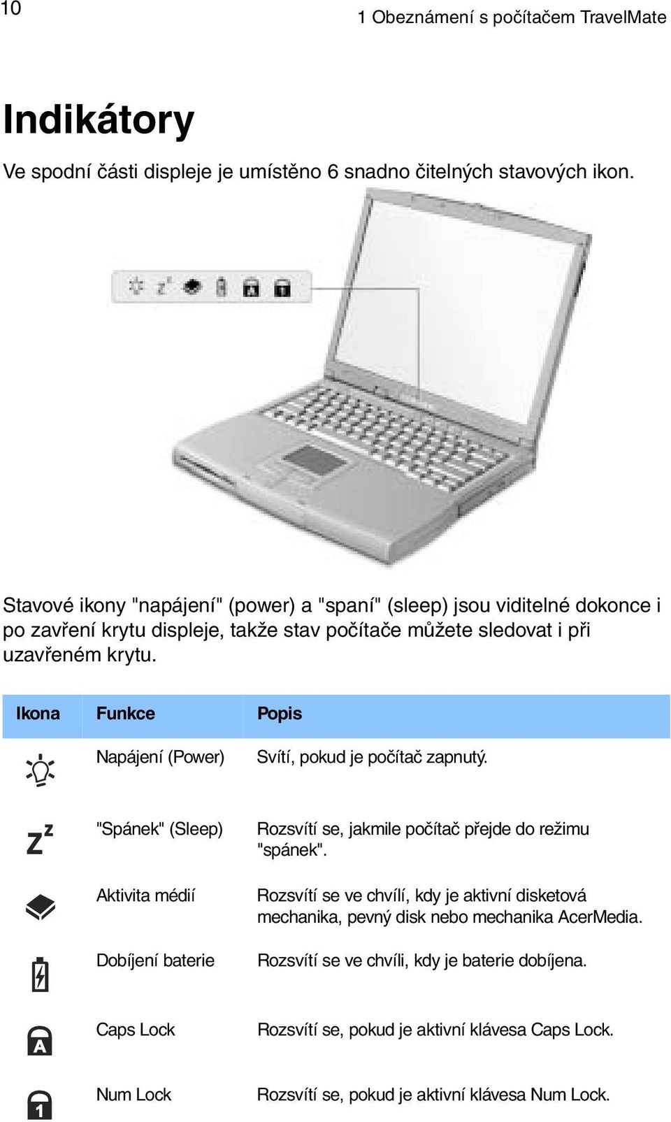 Ikona Funkce Popis Napájení (Power) Svítí, pokud je počítač zapnutý. "Spánek" (Sleep) Aktivita médií Dobíjení baterie Rozsvítí se, jakmile počítač přejde do režimu "spánek".