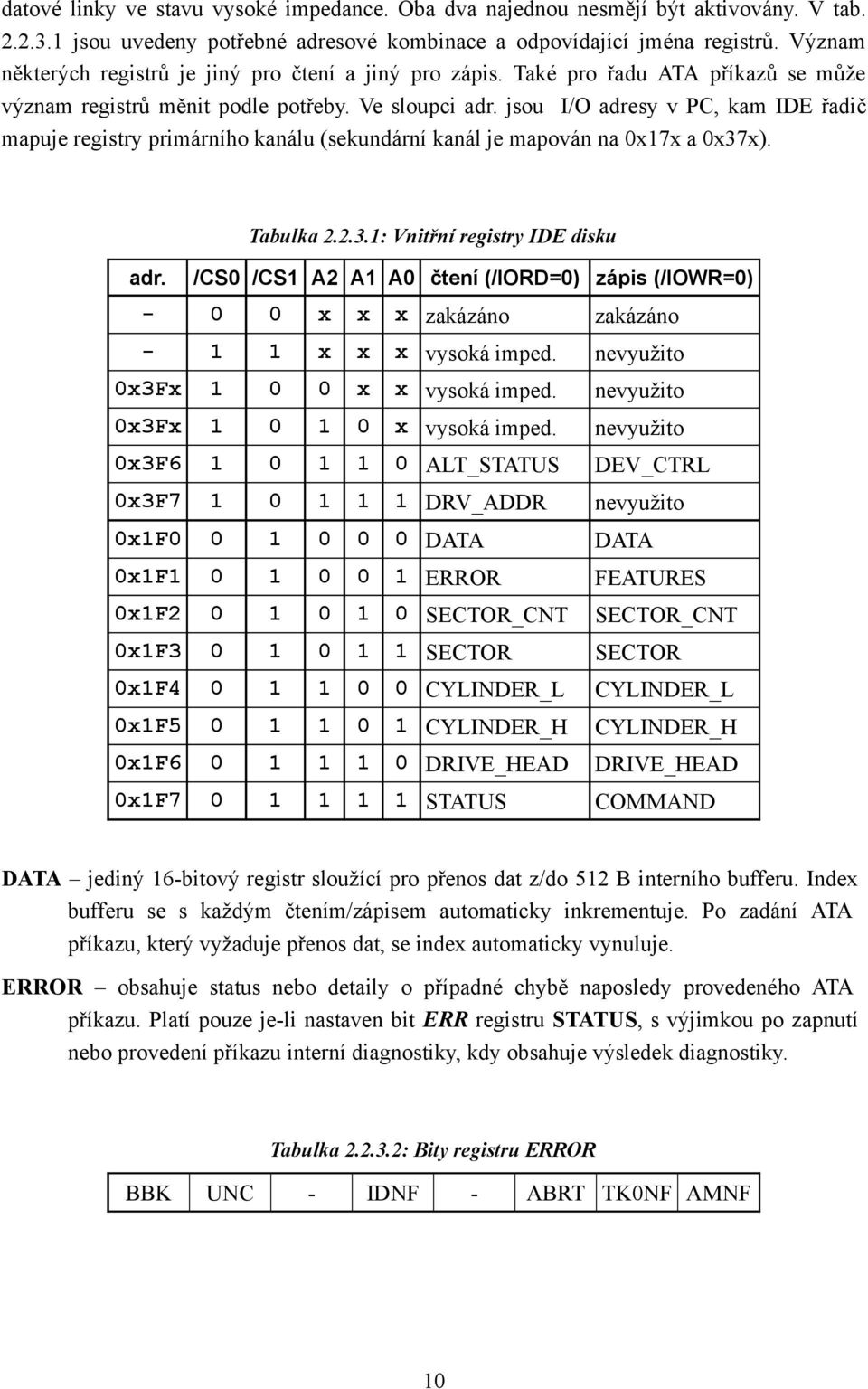 jsou I/O adresy v PC, kam IDE řadič mapuje registry primárního kanálu (sekundární kanál je mapován na x7x a x37x). Tabulka..3.: Vnitřní registry IDE disku adr.