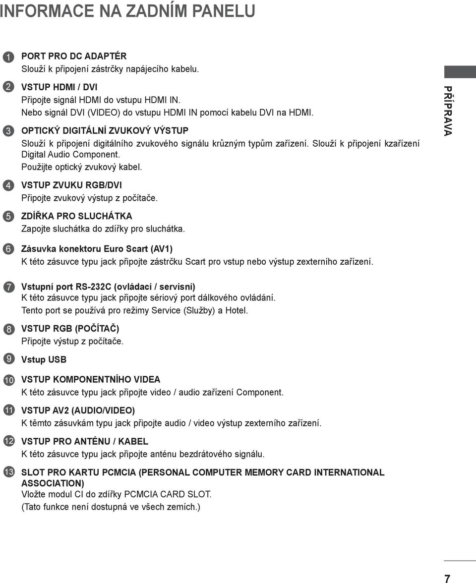 Slouží k připojení kzařízení Digital Audio Component. Použijte optický zvukový kabel. PŘÍPRAVA 4 5 6 VSTUP ZVUKU RGB/DVI Připojte zvukový výstup z počítače.