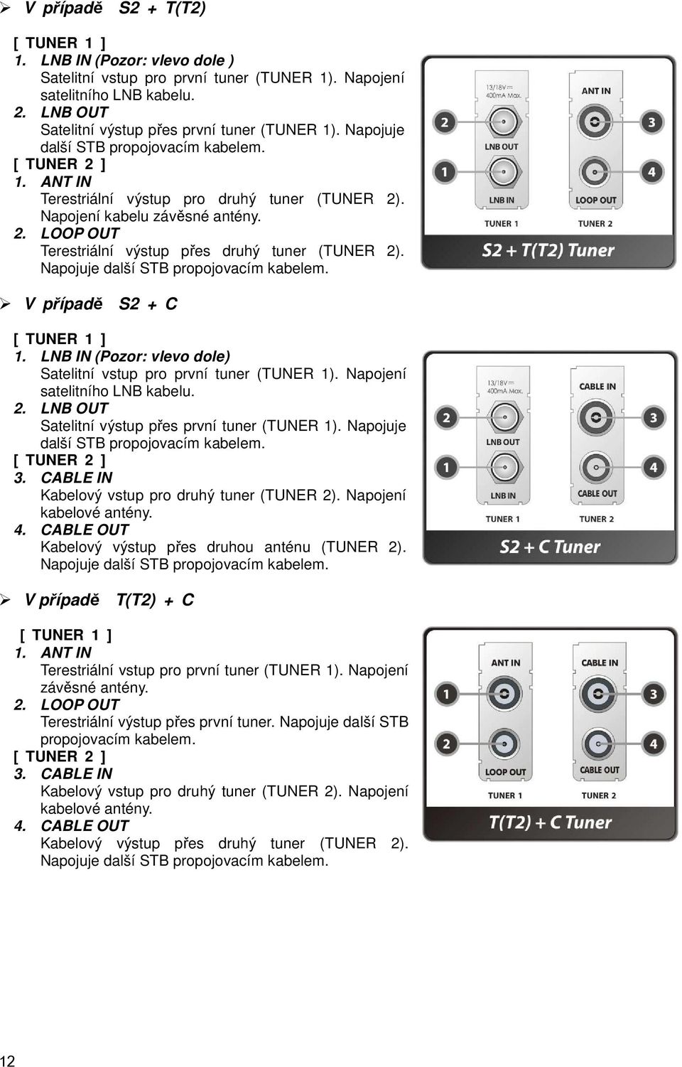 Napojuje další STB propojovacím kabelem. V případě S2 + C [ TUNER 1 ] 1. LNB IN (Pozor: vlevo dole) Satelitní vstup pro první tuner (TUNER 1). Napojení satelitního LNB kabelu. 2.