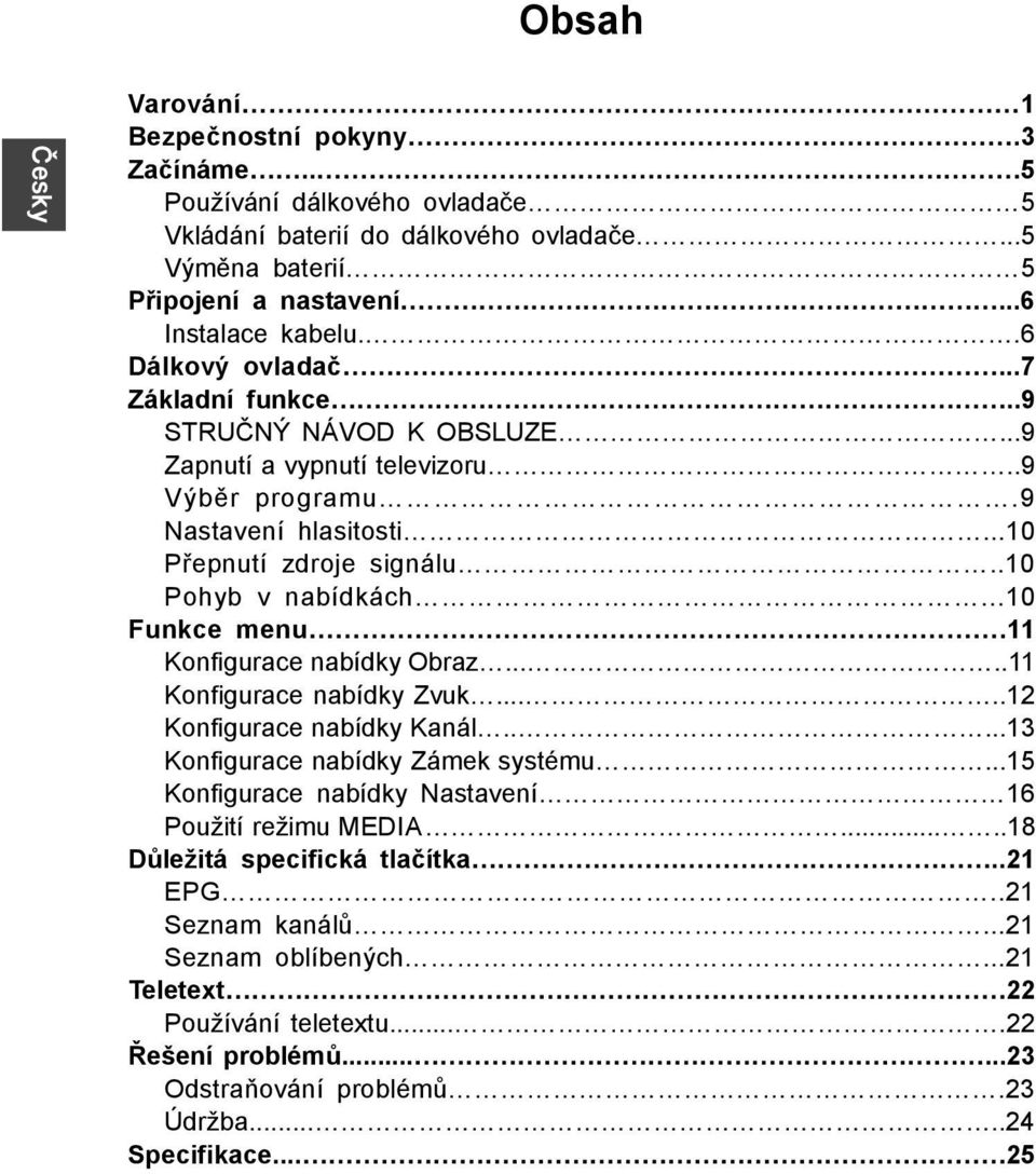 ..10 Funkce menu.11 Konfigurace nabídky Obraz.....11 Konfigurace nabídky Zvuk.....12 Konfigurace nabídky Kanál.....13 Konfigurace nabídky Zámek systému.