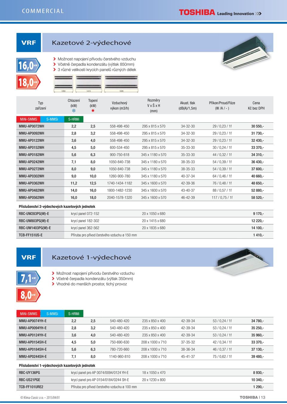 tlak (db(a)/1,5m) Příkon/Proud/Fáze (W /A / - ) MMU-AP0072WH 2,2 2,5 558-498-450 295 x 815 x 570 34-32-30 29 / 0,23 / 1f 30 550,- MMU-AP0092WH 2,8 3,2 558-498-450 295 x 815 x 570 34-32-30 29 / 0,23 /