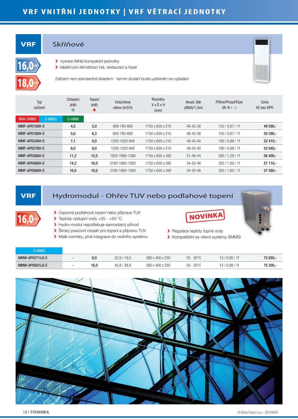 tlak (db(a)/1,5m) Příkon/Proud/Fáze (W /A / - ) MMF-AP0156H-E 4,5 5,0 900-780-660 1750 x 600 x 210 46-43-38 150 / 0,67 / 1f 49 590,- MMF-AP0186H-E 5,6 6,3 900-780-660 1750 x 600 x 210 46-43-38 150 /