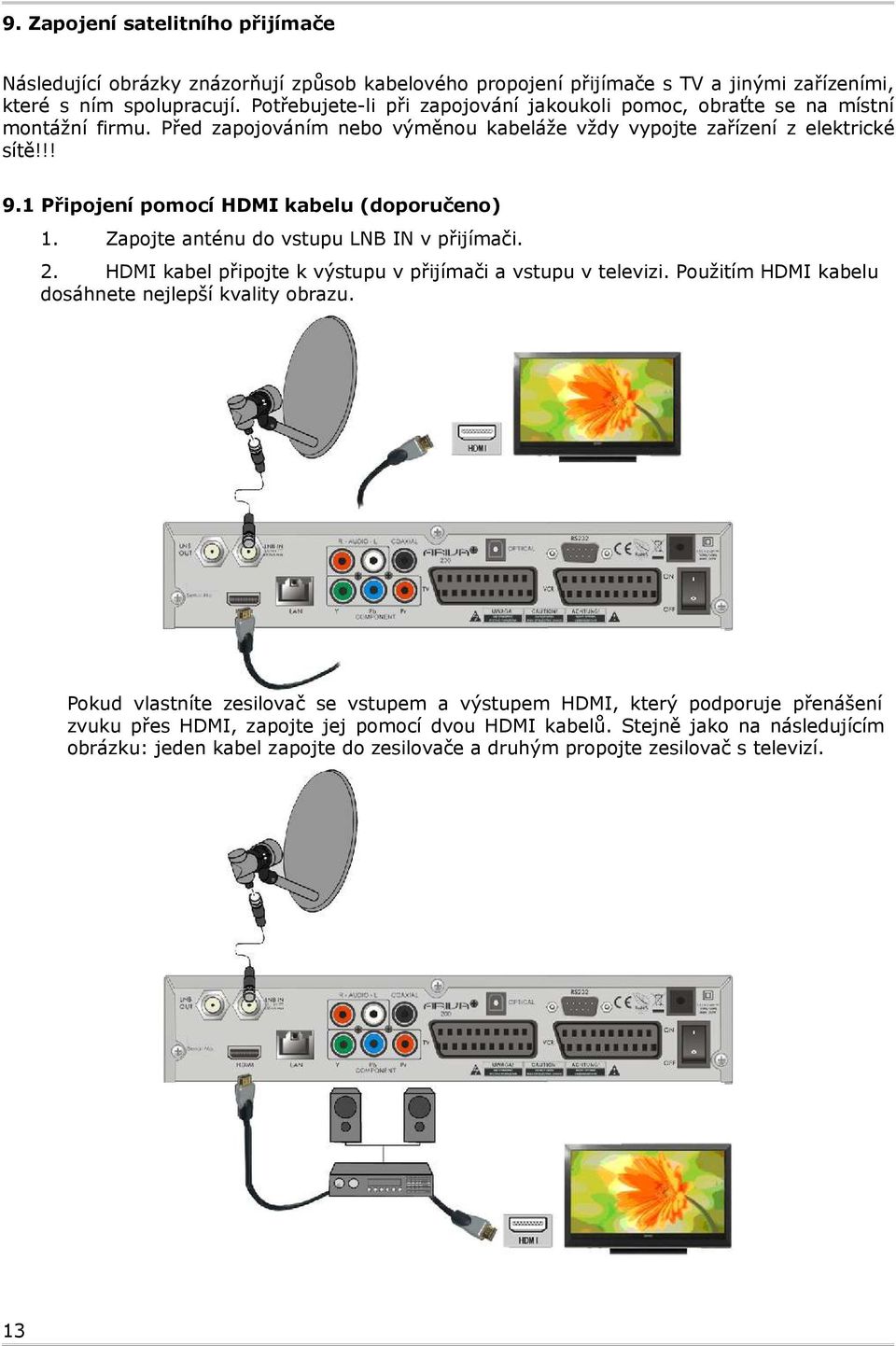 1 Připojení pomocí HDMI kabelu (doporučeno) 1. Zapojte anténu do vstupu LNB IN v přijímači. 2. HDMI kabel připojte k výstupu v přijímači a vstupu v televizi.