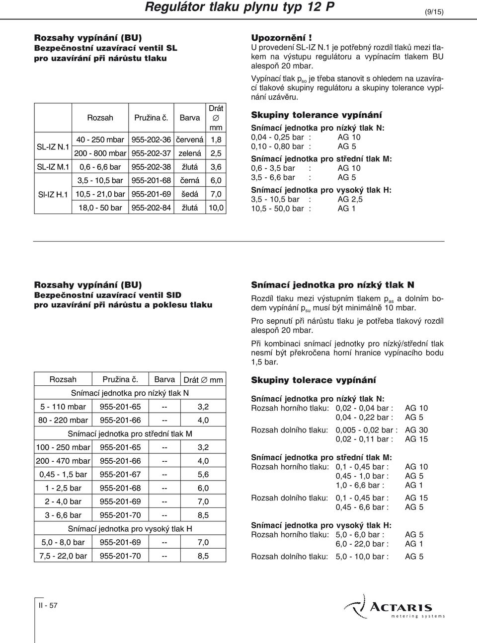 U provedení SL-IZ N.1 je potøebný rozdíl tlakù mezi tlakem na výstupu regulátoru a vypínacím tlakem BU alespoò 20 mbar.