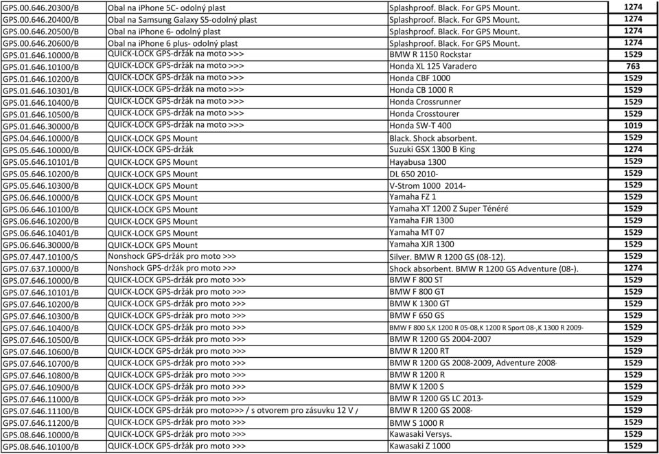 01.646.10100/B QUICK-LOCK GPS-držák na moto >>> Honda XL 125 Varadero 763 GPS.01.646.10200/B QUICK-LOCK GPS-držák na moto >>> Honda CBF 1000 1529 GPS.01.646.10301/B QUICK-LOCK GPS-držák na moto >>> Honda CB 1000 R 1529 GPS.