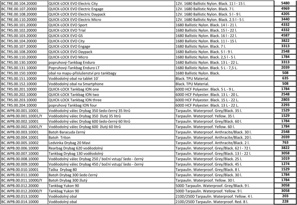 3440 BC.TRS.00.101.20000 QUICK-LOCK EVO Sport 1680 Ballistic Nylon. Black. 14 l - 21 l. 4332 BC.TRS.00.102.20000 QUICK-LOCK EVO Trial 1680 Ballistic Nylon. Black. 15 l - 22 l. 4332 BC.TRS.00.103.