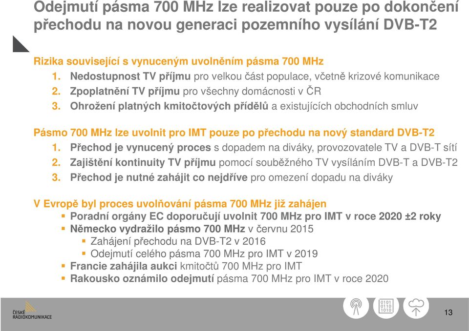 Ohrožení platných kmitočtových přídělů a existujících obchodních smluv Pásmo 700 MHz lze uvolnit pro IMT pouze po přechodu na nový standard DVB-T2 1.