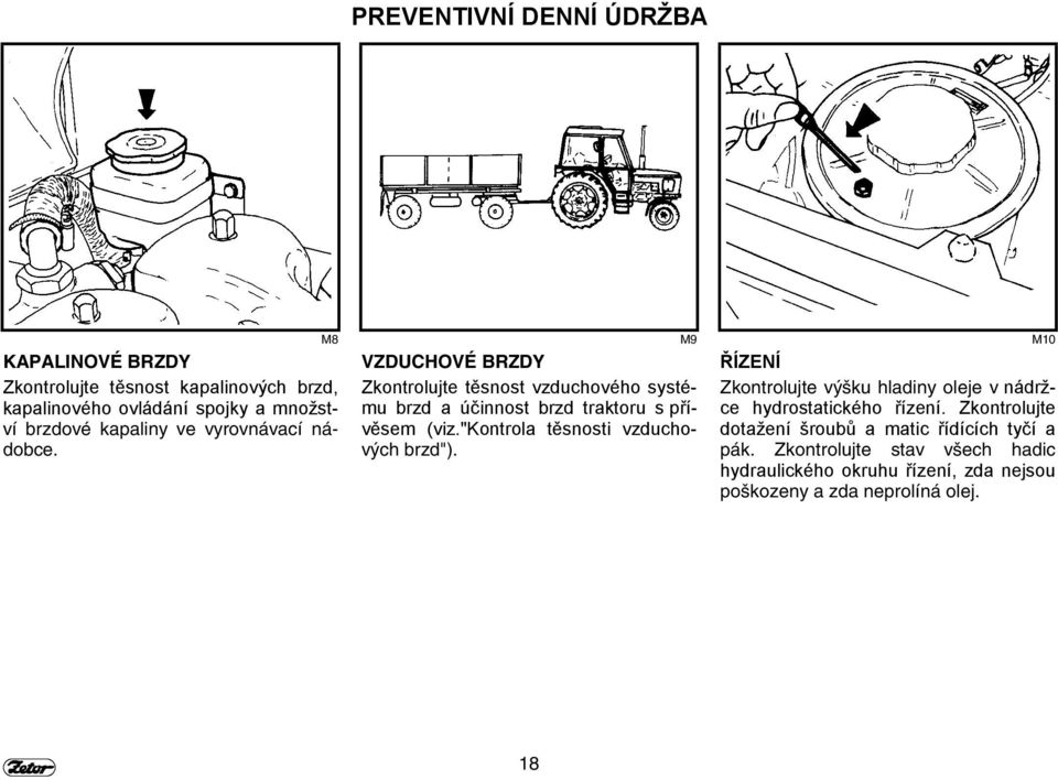 M8 M9 M10 VZDUCHOVÉ BRZDY Zkontrolujte těsnost vzduchového systému brzd a účinnost brzd traktoru s přívěsem (viz.