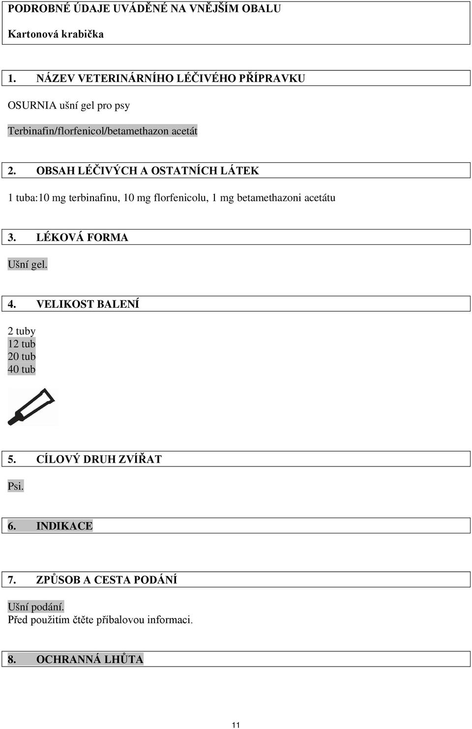 OBSAH LÉČIVÝCH A OSTATNÍCH LÁTEK 1 tuba:10 mg terbinafinu, 10 mg florfenicolu, 1 mg betamethazoni acetátu 3.