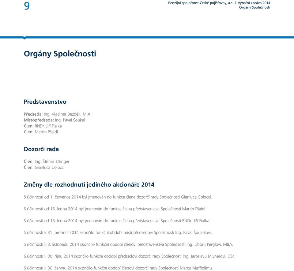 S účinností od 15. ledna 2014 byl jmenován do funkce člena představenstva Společnosti Martin Pšaidl. S účinností od 15. ledna 2014 byl jmenován do funkce člena představenstva Společnosti RNDr.