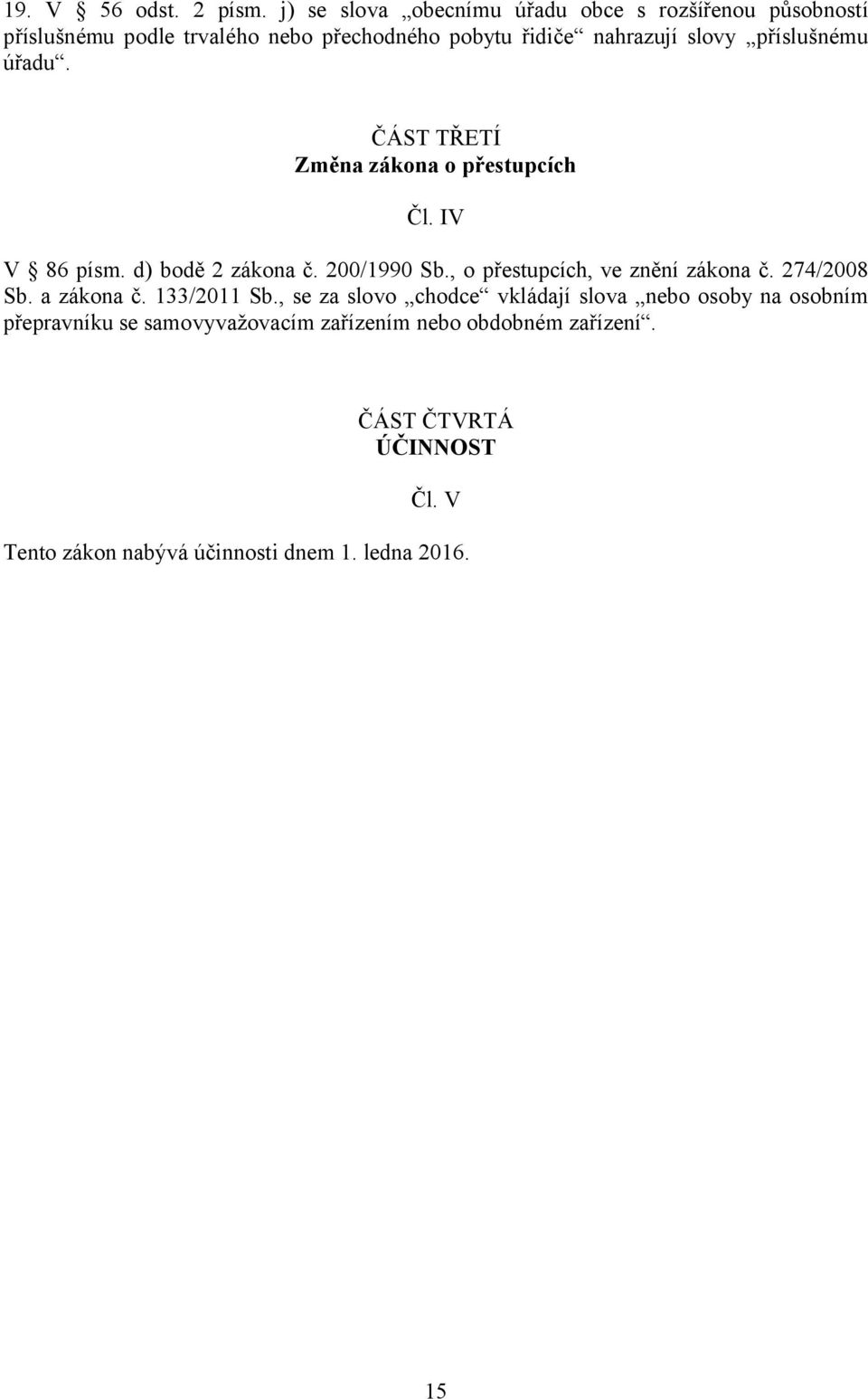 příslušnému úřadu. ČÁST TŘETÍ Změna zákona o přestupcích Čl. IV V 86 písm. d) bodě 2 zákona č. 200/1990 Sb.