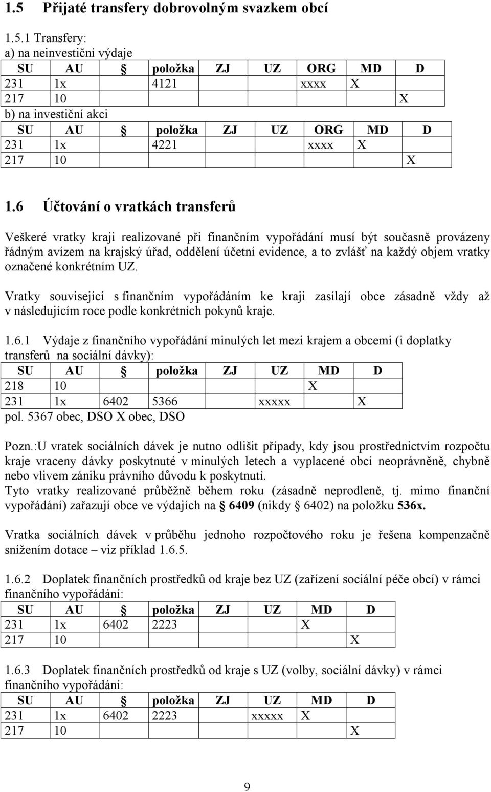 objem vratky označené konkrétním UZ. Vratky související s finančním vypořádáním ke kraji zasílají obce zásadně vždy až v následujícím roce podle konkrétních pokynů kraje. 1.6.