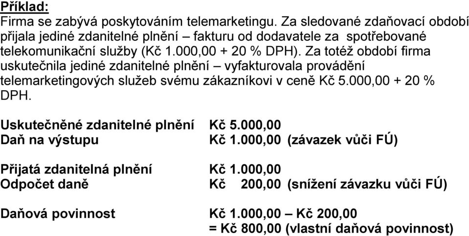 Za totéž období firma uskutečnila jediné zdanitelné plnění vyfakturovala provádění telemarketingových služeb svému zákazníkovi v ceně Kč 5.