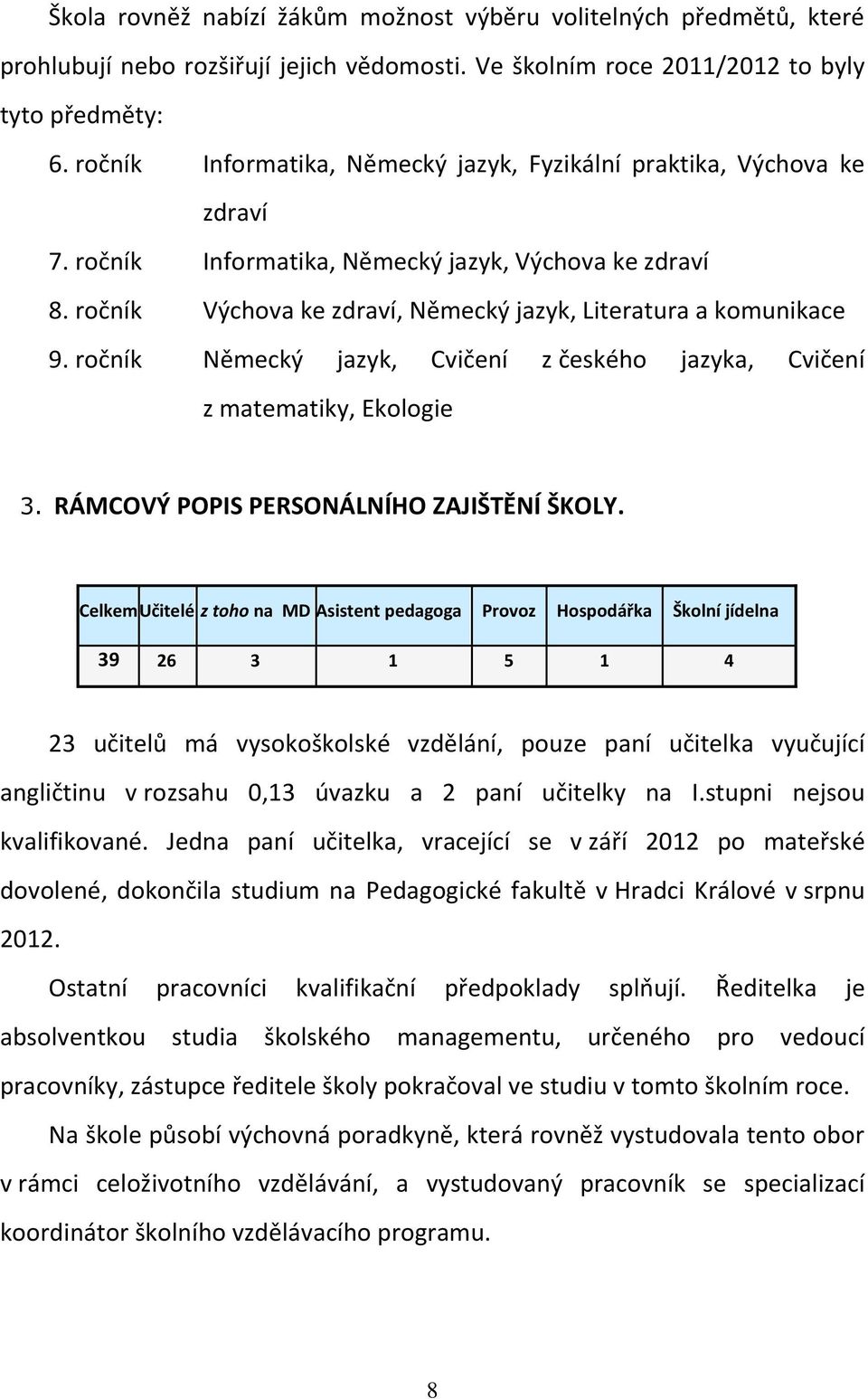 ročník Německý jazyk, Cvičení z českého jazyka, Cvičení z matematiky, Ekologie 3. RÁMCOVÝ POPIS PERSONÁLNÍHO ZAJIŠTĚNÍ ŠKOLY.