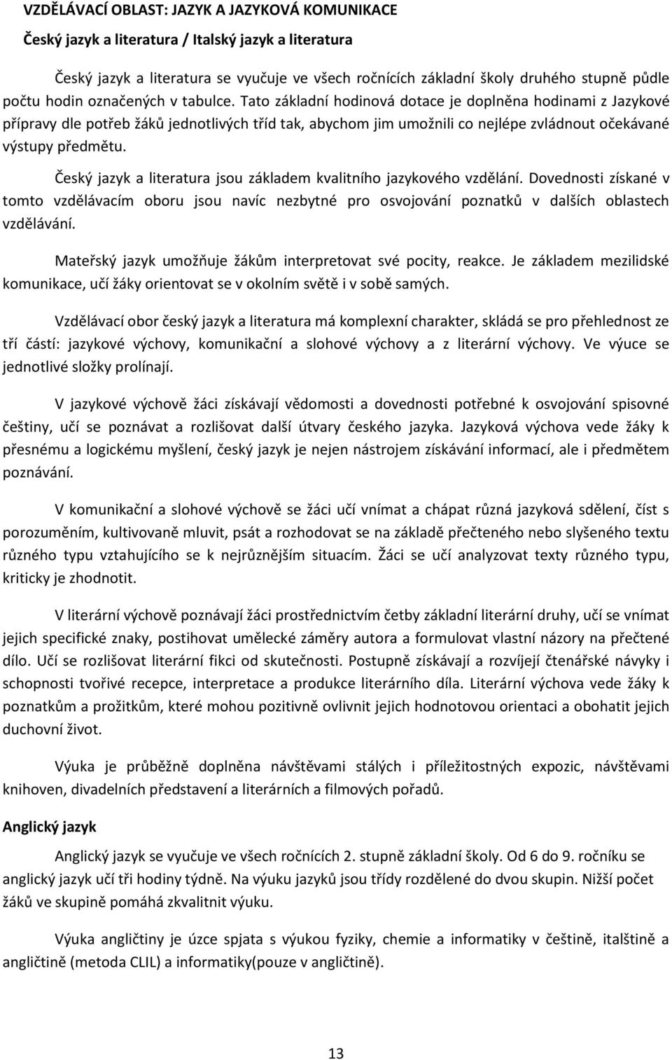 Tato základní hodinová dotace je doplněna hodinami z Jazykové přípravy dle potřeb žáků jednotlivých tříd tak, abychom jim umožnili co nejlépe zvládnout očekávané výstupy předmětu.