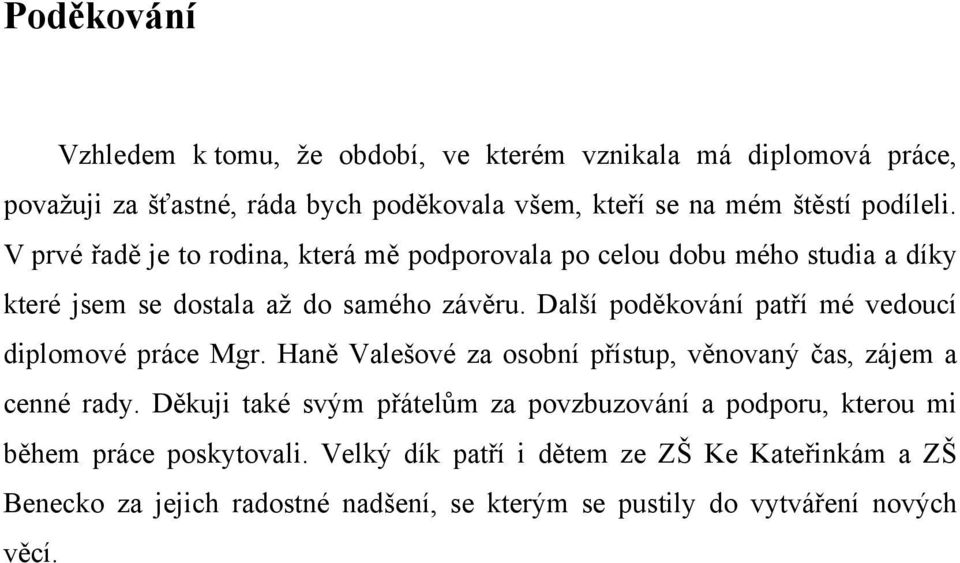 Další poděkování patří mé vedoucí diplomové práce Mgr. Haně Valešové za osobní přístup, věnovaný čas, zájem a cenné rady.