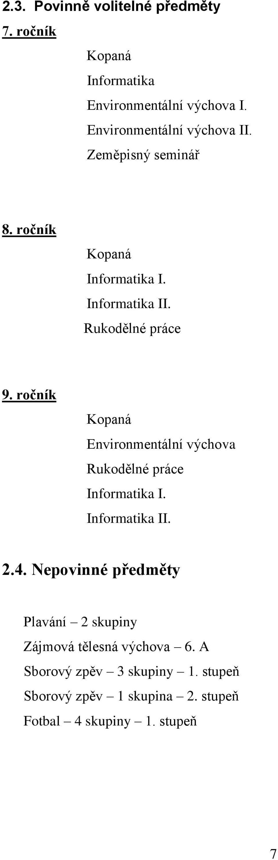 ročník Kopaná Environmentální výchova Rukodělné práce Informatika I. Informatika II. 2.4.