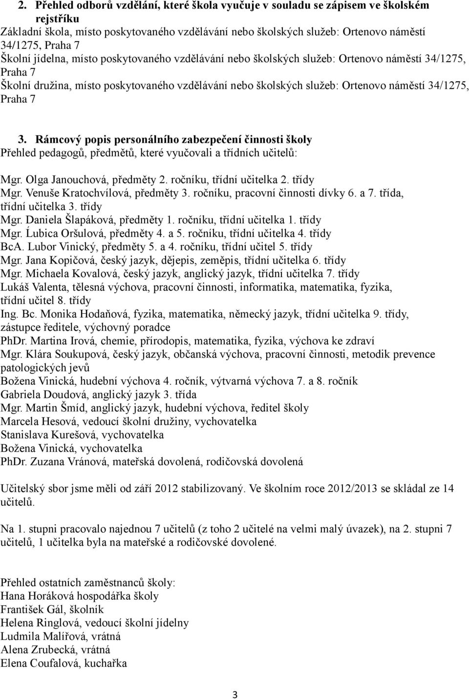 Praha 7 3. Rámcový popis personálního zabezpečení činnosti školy Přehled pedagogů, předmětů, které vyučovali a třídních učitelů: Mgr. Olga Janouchová, předměty 2. ročníku, třídní učitelka 2.
