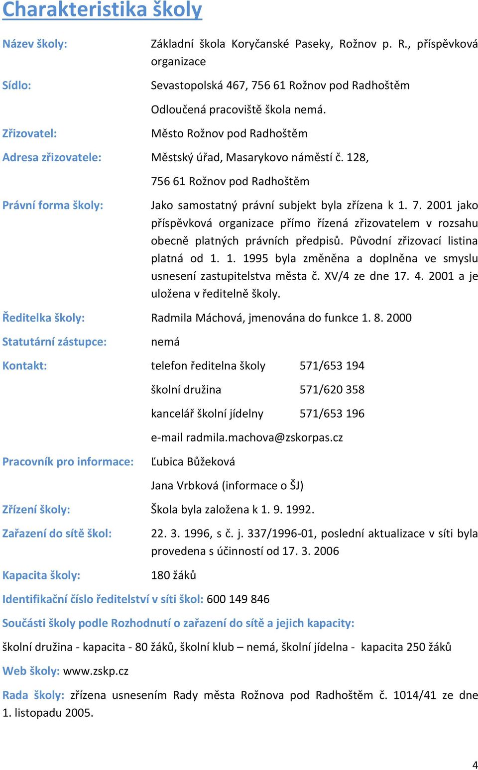 6 61 Rožnov pod Radhoštěm Právní forma školy: Jako samostatný právní subjekt byla zřízena k 1. 7.