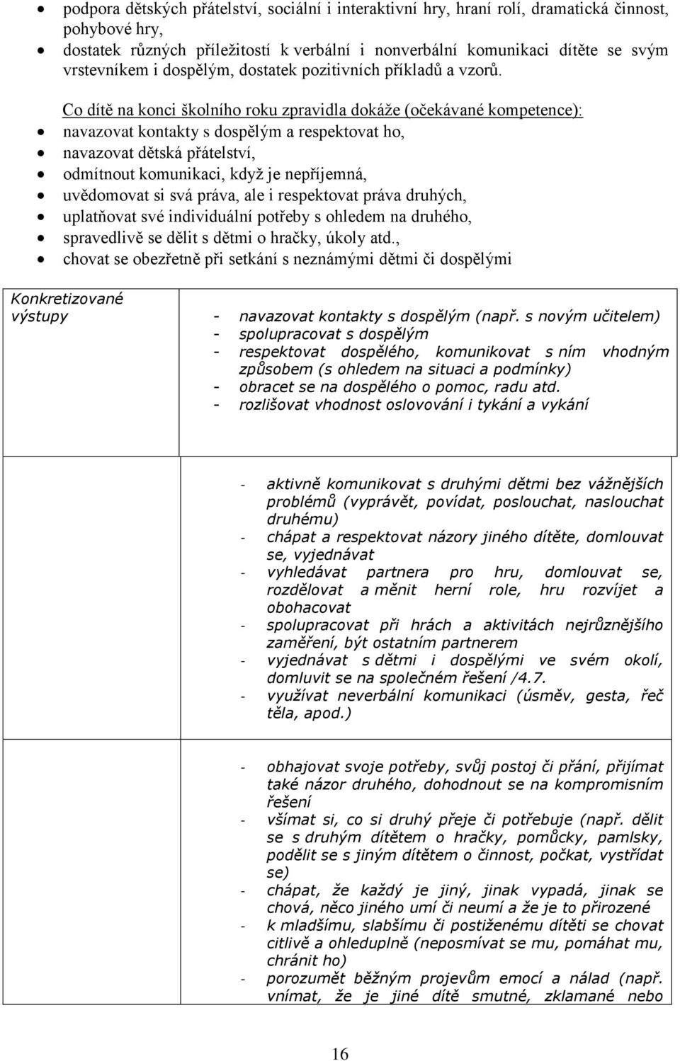 Co dítě na konci školního roku zpravidla dokáže (očekávané kompetence): navazovat kontakty s dospělým a respektovat ho, navazovat dětská přátelství, odmítnout komunikaci, když je nepříjemná,