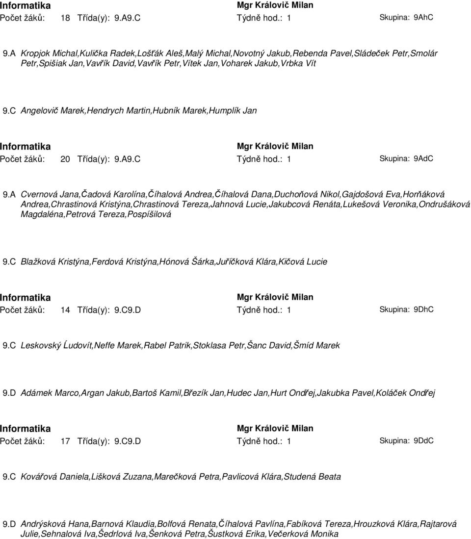 C Angelovič Marek,Hendrych Martin,Hubník Marek,Humplík Jan Informatika Mgr Královič Milan Počet žáků: 20 Třída(y): 9.A9.C Týdně hod.: 1 Skupina: 9AdC 9.