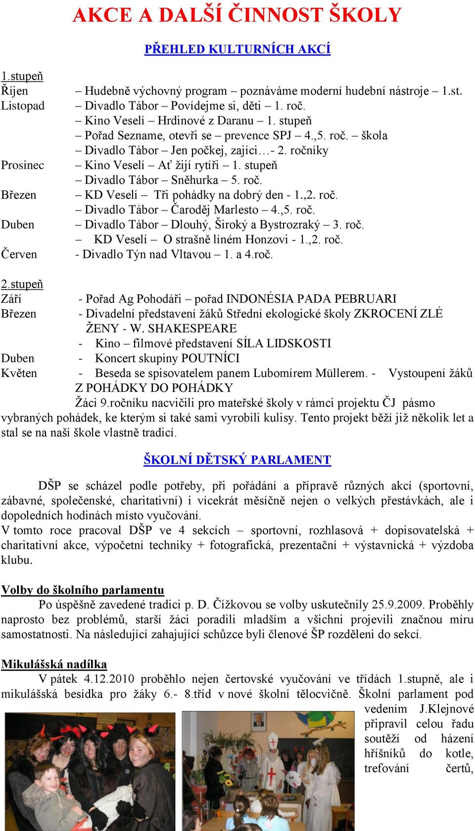 stupeň Divadlo Tábor Sněhurka 5. roč. KD Veselí Tři pohádky na dobrý den - 1.,2. roč. Divadlo Tábor Čaroděj Marlesto 4.,5. roč. Divadlo Tábor Dlouhý, Široký a Bystrozraký 3. roč. KD Veselí O strašně líném Honzovi - 1.