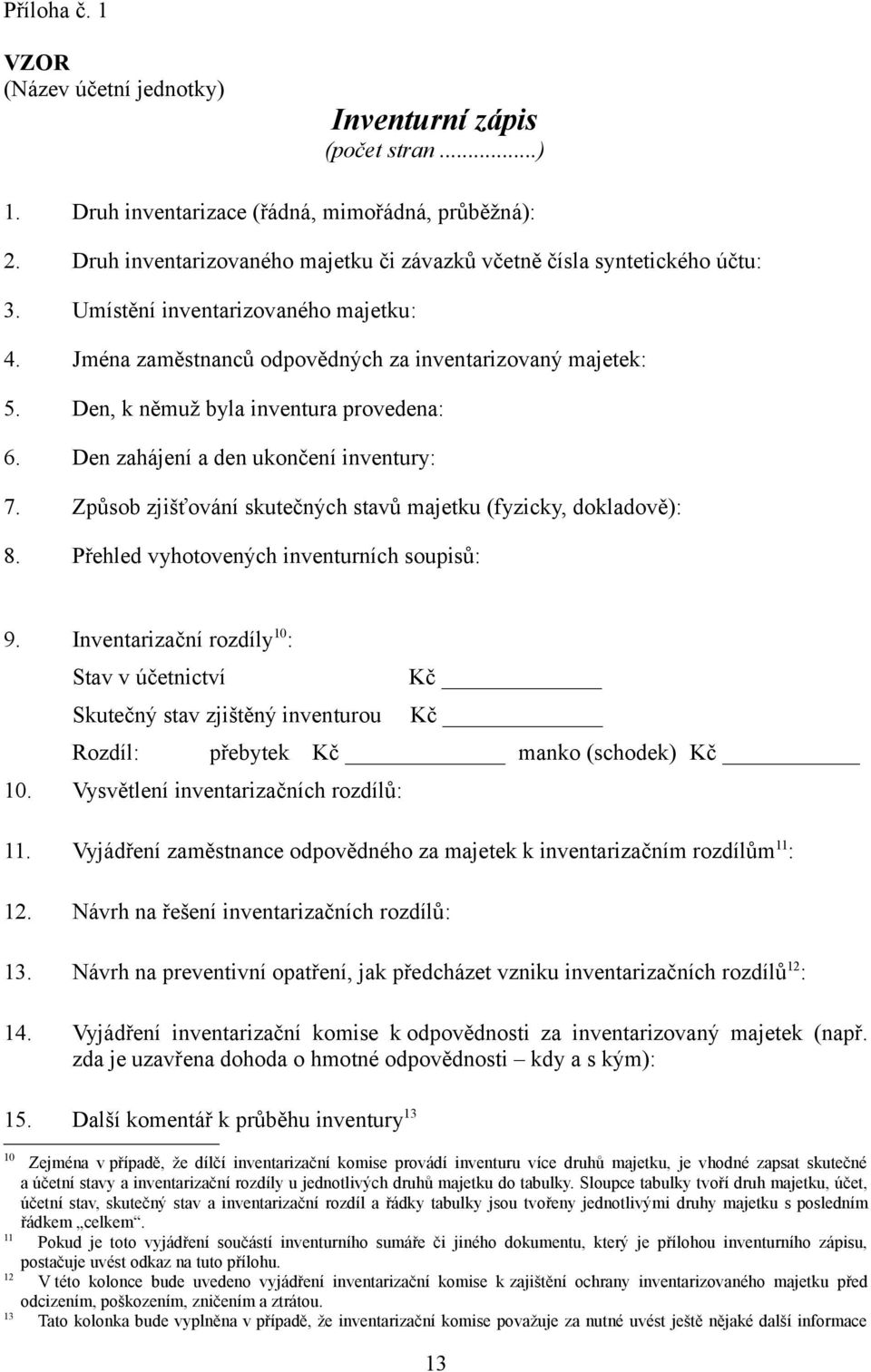 Den, k němuž byla inventura provedena: 6. Den zahájení a den ukončení inventury: 7. Způsob zjišťování skutečných stavů majetku (fyzicky, dokladově): 8. Přehled vyhotovených inventurních soupisů: 9.